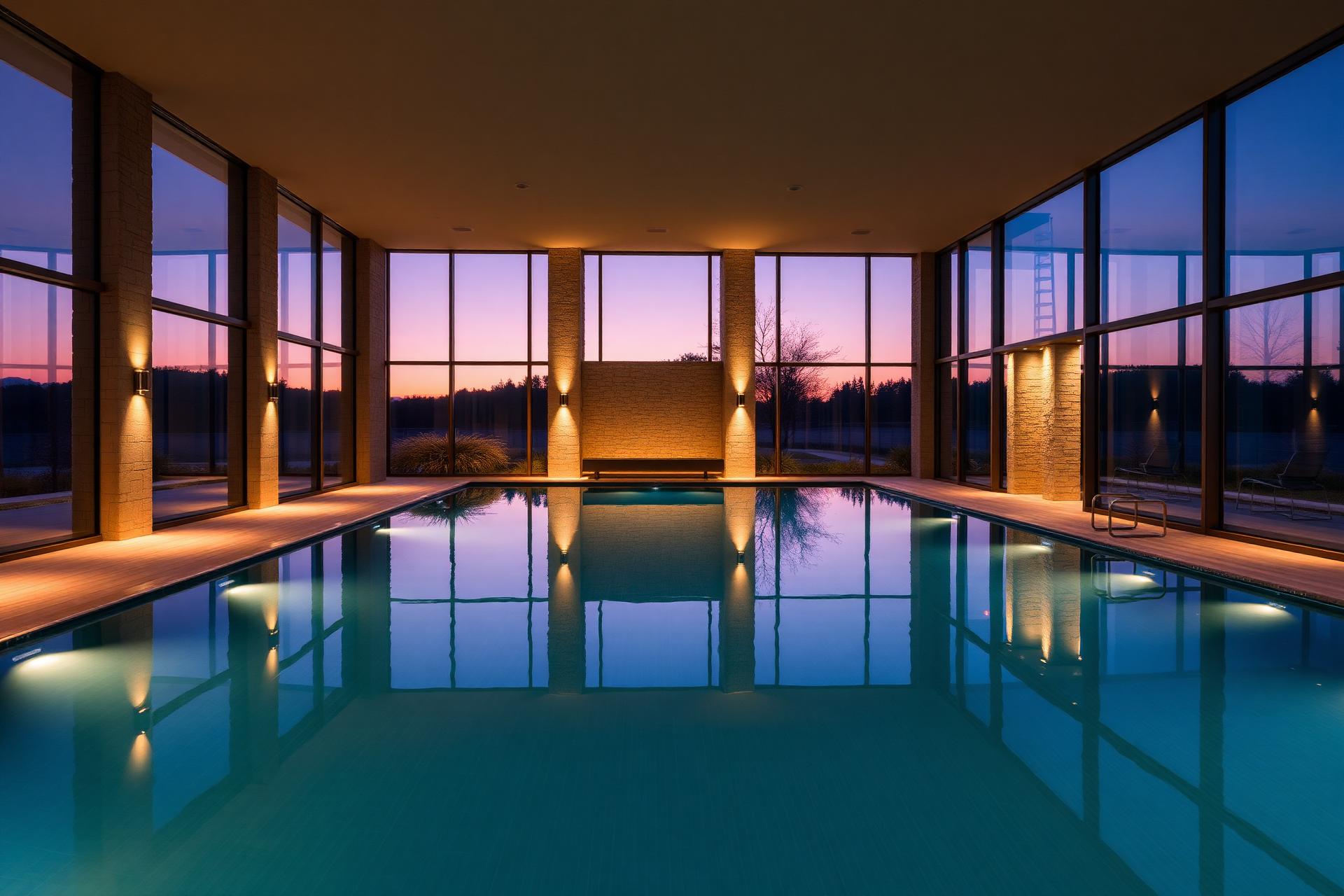 Bespoke luxury indoor swimming pool by Panoramic Pools at twilight