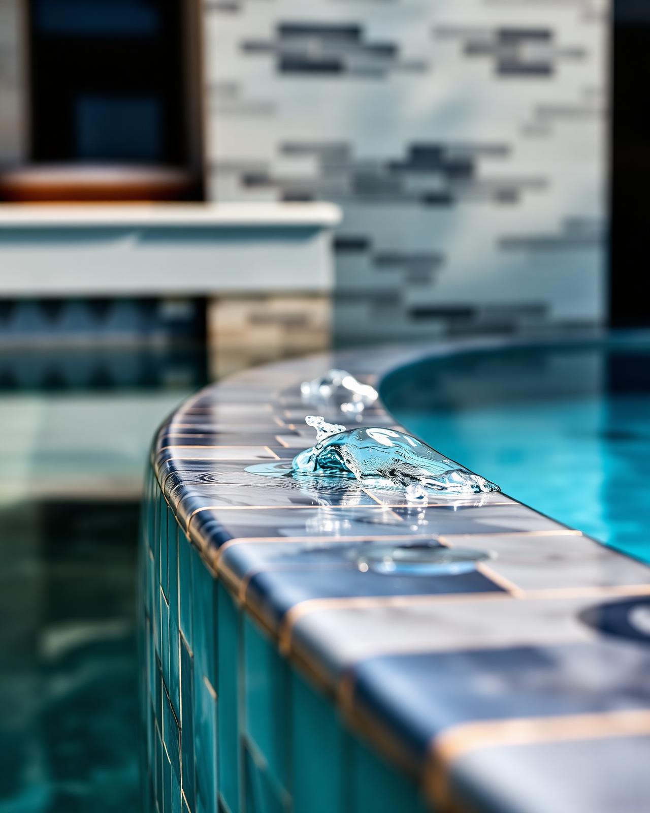 Detail of bespoke pool tile and water edge