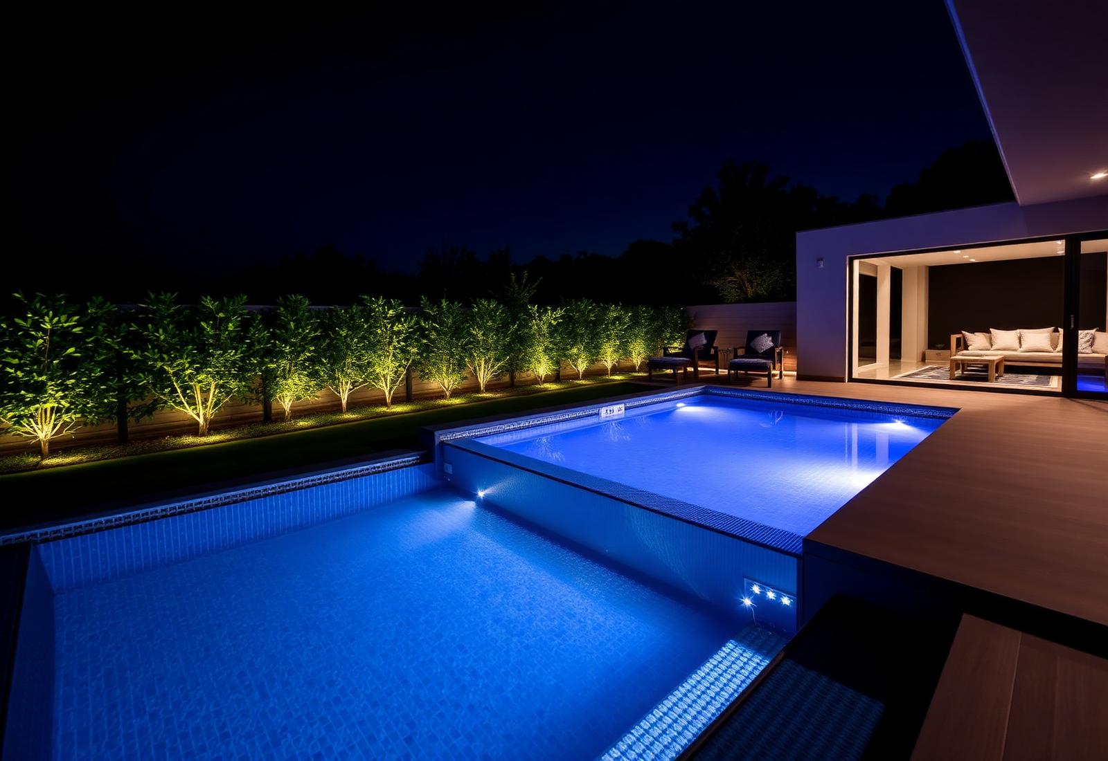 Robin Clevett residence outdoor pool at night with integrated LED lighting